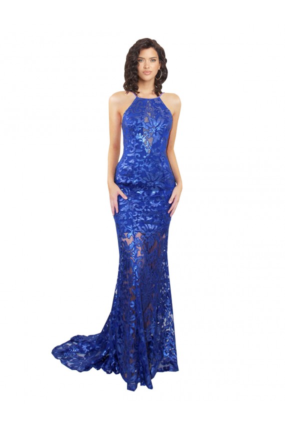 High Neck Lace Sleeveless Open Back Royal Blue Semi Formal Evening Dress / Prom Dress / Bridesmaid Dress Edinburgh