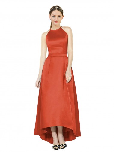 Halter Neck Satin Sleeveless Spice Red High Low Bridesmaid Dress Edinburgh