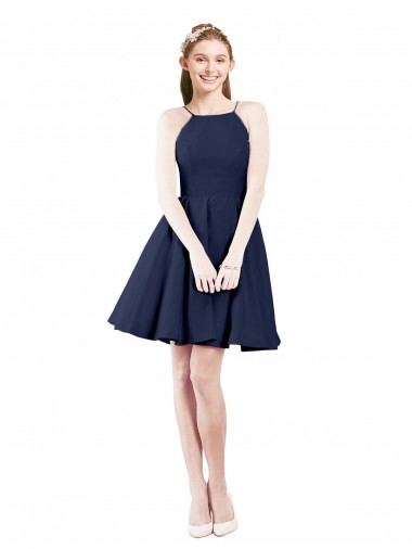 Halter Neck Satin Sleeveless Open Back Dark Navy Bridesmaid Gown Edinburgh