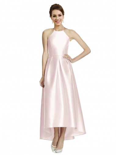 Spaghetti Straps Satin Sleeveless Criss Cross Open Back Pink High Low Bridesmaid Dress Edinburgh