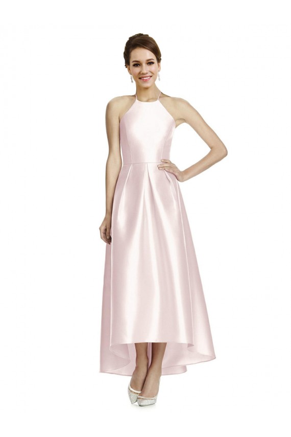 Spaghetti Straps Satin Sleeveless Criss Cross Open Back Pink High Low Bridesmaid Dress Edinburgh