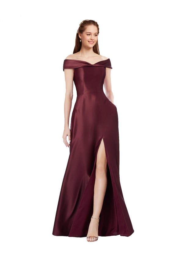 Off the Shoulder Satin Cap Sleeves Burgundy Gold Black Tie Evening Gown / Prom Dress / Bridesmaid Dress Edinburgh