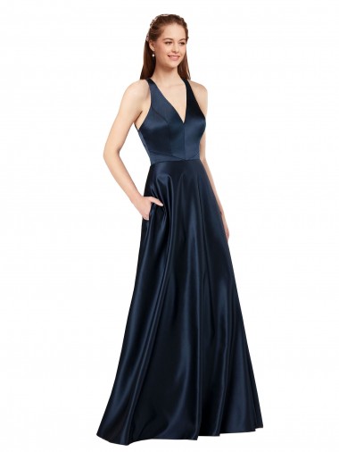 V-Neck Satin Sleeveless Keyhole Back Dark Navy Formal Evening Gown / Prom Dress / Bridesmaid Dress Edinburgh