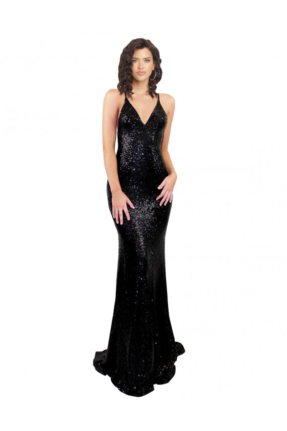 V-Neck Sequin Sleeveless Criss Cross Open Back Black Black Tie Evening Gown / Prom Dress / Bridesmaid Dress Edinburgh