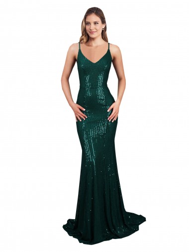 V-Neck Sequin Sleeveless Low Back Dark Green Formal Evening Gown / Prom Dress / Bridesmaid Dress Edinburgh
