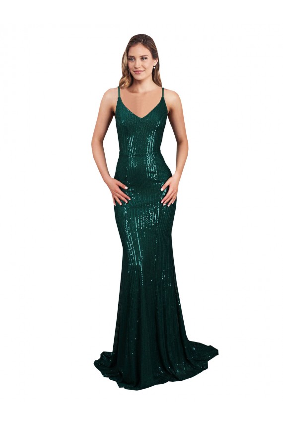 V-Neck Sequin Sleeveless Low Back Dark Green Formal Evening Gown / Prom Dress / Bridesmaid Dress Edinburgh