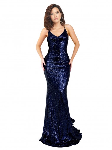 V-Neck Sequin Sleeveless Low Back Dark Navy Formal Evening Gown / Prom Dress / Bridesmaid Dress Edinburgh