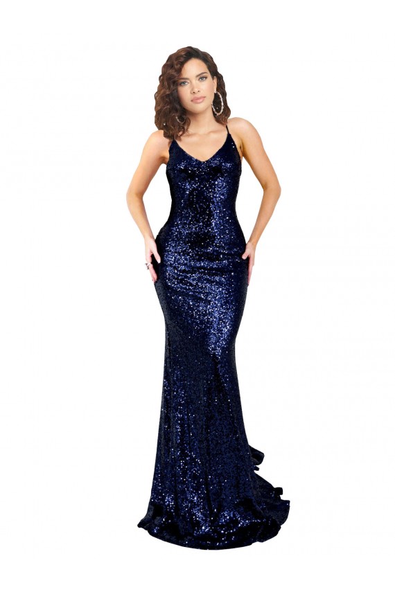V-Neck Sequin Sleeveless Low Back Dark Navy Formal Evening Gown / Prom Dress / Bridesmaid Dress Edinburgh