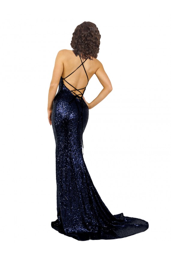 V-Neck Sequin Sleeveless Low Back Dark Navy Formal Evening Gown / Prom Dress / Bridesmaid Dress Edinburgh