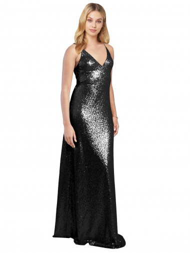 Spaghetti Straps Sequin Sleeveless V-Back Black Formal Evening Gown / Prom Dress / Bridesmaid Dress Edinburgh