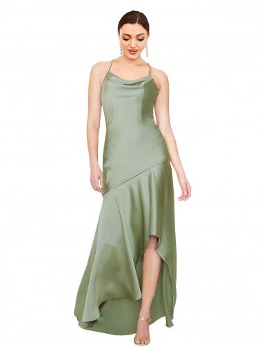 Cowl Neck Silk like Satin Sleeveless Criss Cross Open Back Smoke Green High Low Evening Gown / Prom Dress / Bridesmaid Dress Edinburgh