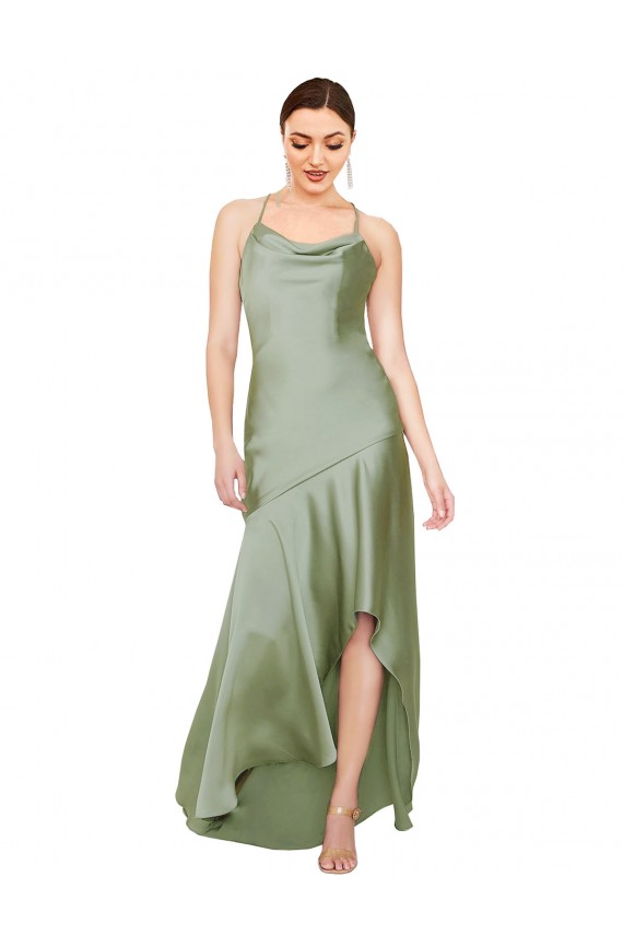 Cowl Neck Silk like Satin Sleeveless Criss Cross Open Back Smoke Green High Low Evening Gown / Prom Dress / Bridesmaid Dress Edinburgh