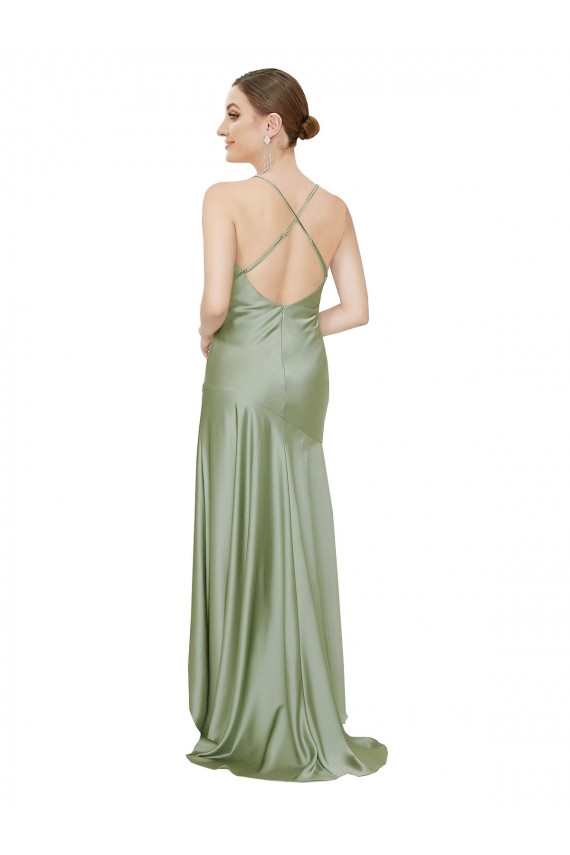 Cowl Neck Silk like Satin Sleeveless Criss Cross Open Back Smoke Green High Low Evening Gown / Prom Dress / Bridesmaid Dress Edinburgh