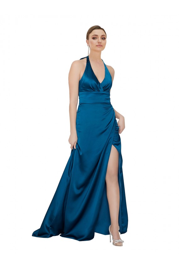 Halter Neck Silk like Satin Sleeveless Open Back Peacock Blue Formal Evening Gown / Prom Dress / Bridesmaid Dress Edinburgh