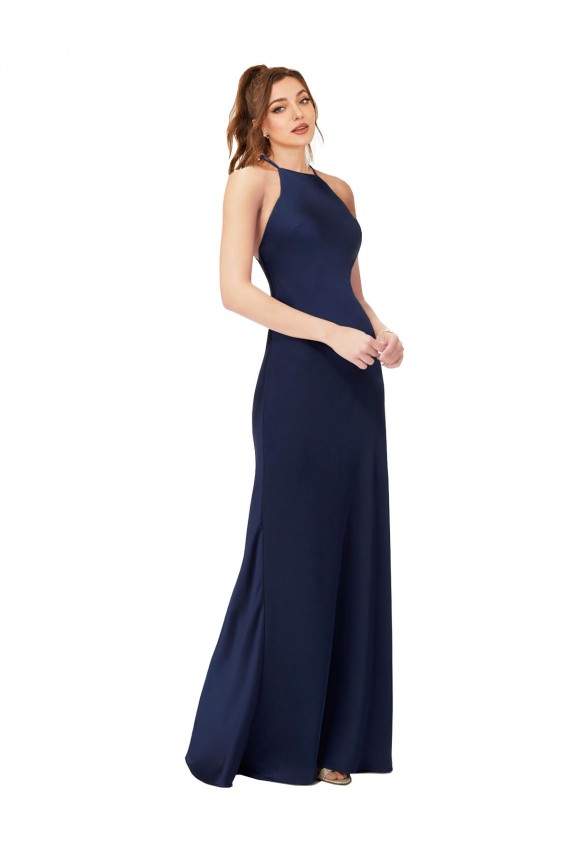 High Neck Silk like Satin Sleeveless Criss Cross Back Sapphire Formal Evening Gown / Prom Dress / Bridesmaid Dress Edinburgh