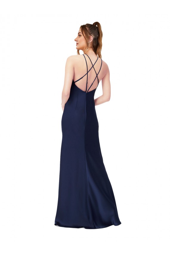 High Neck Silk like Satin Sleeveless Criss Cross Back Sapphire Formal Evening Gown / Prom Dress / Bridesmaid Dress Edinburgh