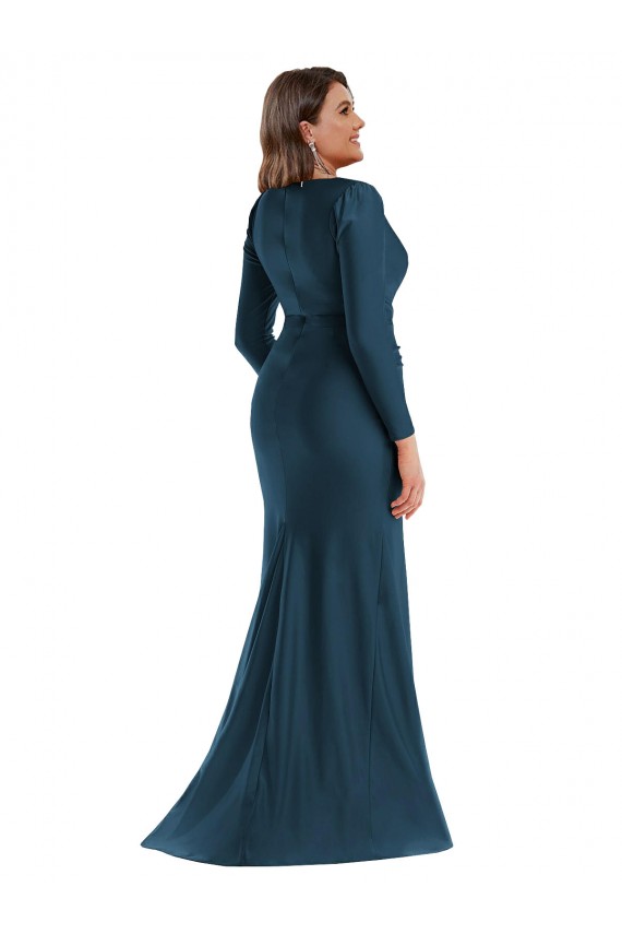 V-Neck Silk like Satin Long Sleeves Atlantic Blue Formal Plus Size Evening Gown / Prom Dress / Bridesmaid Dress Edinburgh