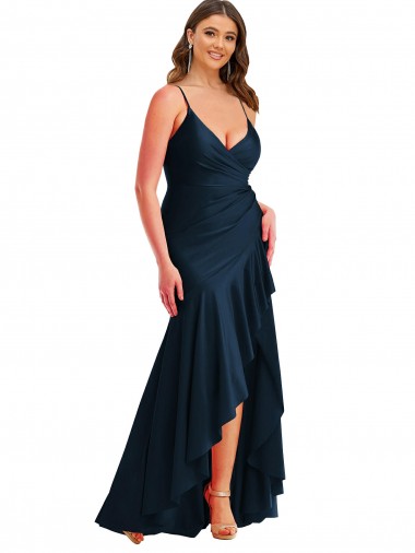 Spaghetti Straps Silk like Satin Sleeveless Dark Navy High Low Plus Size Evening Gown / Prom Dress / Bridesmaid Dress Edinburgh