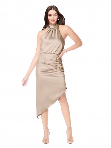 Halter Neck Silk like Satin Sleeveless Champagne Pink High Low Prom Dress / Bridesmaid Dress Edinburgh