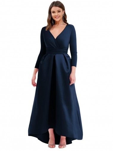 V-Neck Spandex Long Sleeves Dark Navy High Low Plus Size Evening Gown / Prom Dress / Bridesmaid Dress Edinburgh