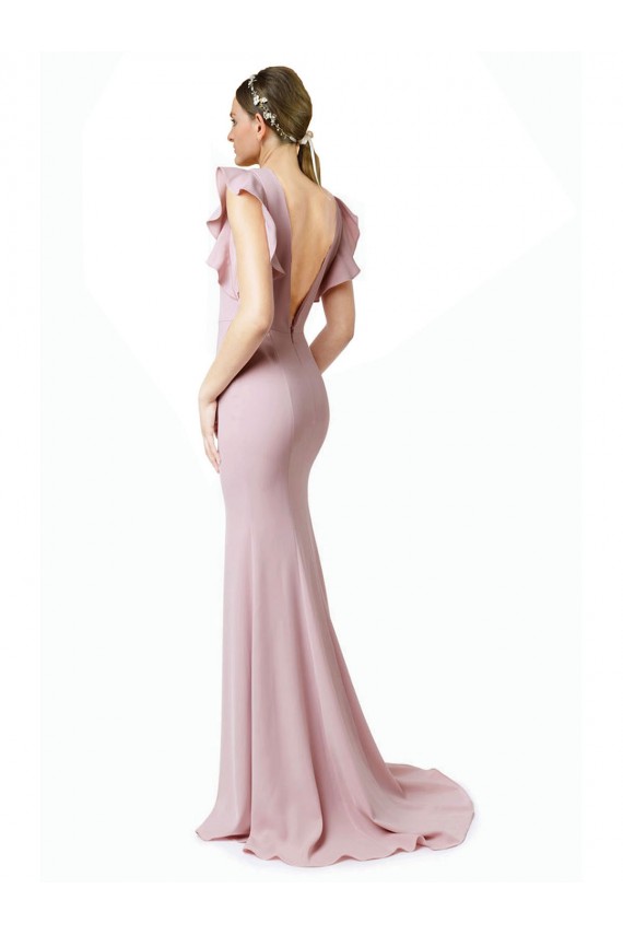 Jewel Neck Stretch Crepe Ruffle Sleeves V-Back Pink Black Tie Prom Dress / Bridesmaid Dress Edinburgh