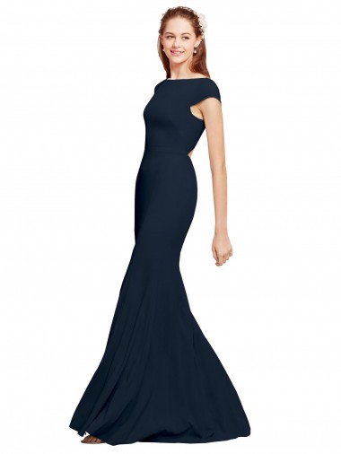 Boat Neck Stretch Crepe Sleeveless Open Back Dark Navy Formal Evening Gown / Prom Dress / Bridesmaid Dress Edinburgh