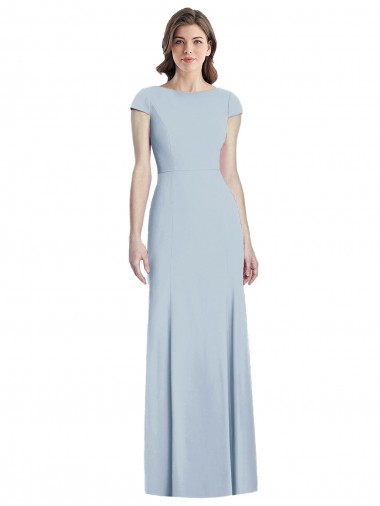 Bateau Neck Stretch Crepe Cap Sleeves Open Back Light Sky Blue Formal Dress / Bridesmaid Dress Edinburgh