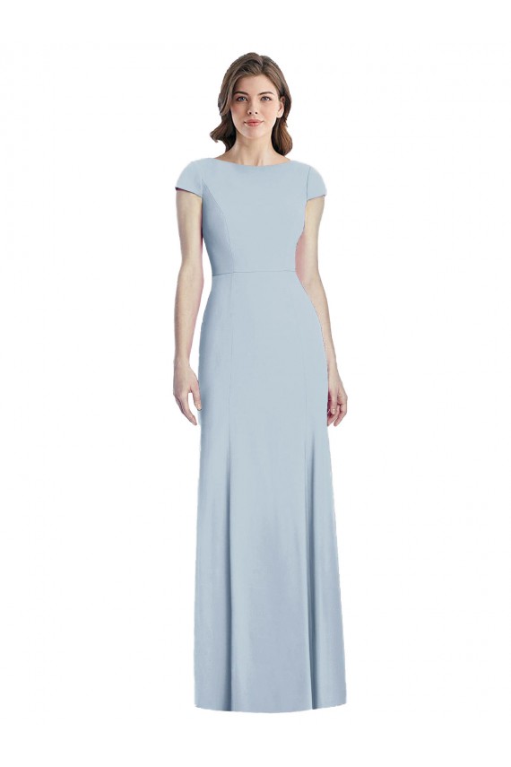 Bateau Neck Stretch Crepe Cap Sleeves Open Back Light Sky Blue Formal Dress / Bridesmaid Dress Edinburgh
