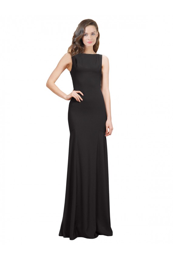 Bateau Neck Stretch Crepe Sleeveless Open Back Black Prom Dress / Bridesmaid Dress Edinburgh