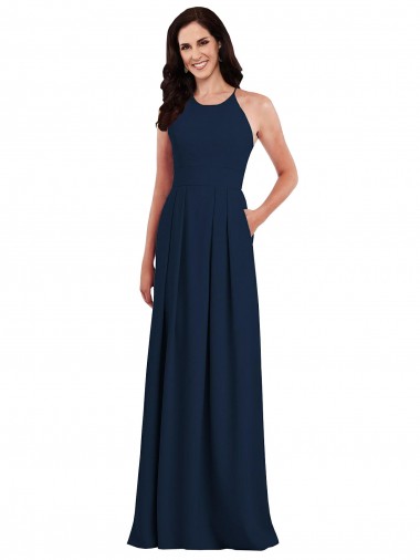Halter Neck Stretch Crepe Sleeveless Criss Cross Open Back Dark Navy Semi Formal Evening Dress / Bridesmaid Dress Edinburgh