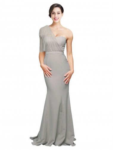 One Shoulder Stretch Crepe & Tulle Sleeveless Low Back Oyster Silver Formal Evening Gown / Prom Dress / Bridesmaid Dress Edinburgh