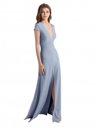 V-Neck Stretch Crepe Cap Sleeves Smoke Blue Prom Dress / Bridesmaid Dress Edinburgh