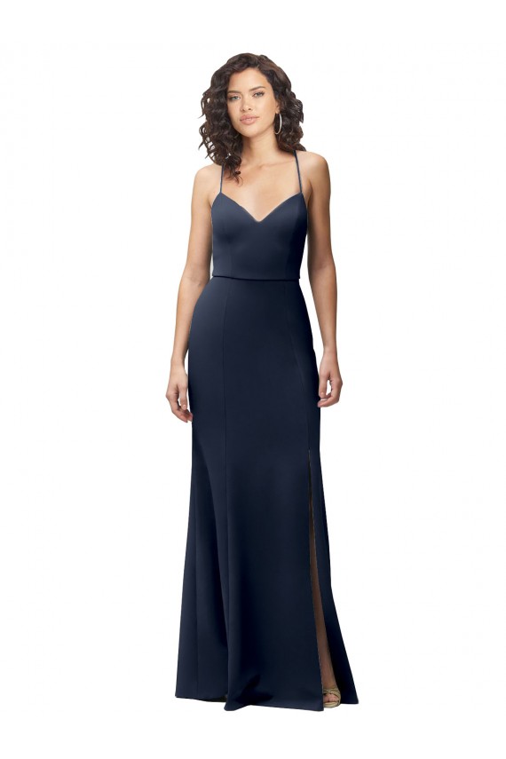 Spaghetti Straps Stretch Crepe Sleeveless Criss Cross Back Dark Navy Formal Evening Gown / Prom Dress / Bridesmaid Dress Edinburgh