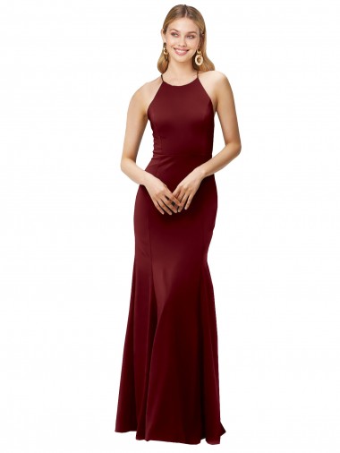 Halter Neck Stretch Crepe Sleeveless Criss Cross Back Burgundy Gold Formal Evening Gown / Prom Dress / Bridesmaid Dress Edinburgh