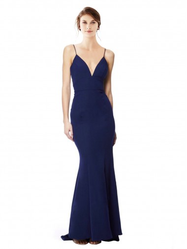 Spaghetti Straps Stretch Crepe Sleeveless Open Back Navy Blue Formal Dress / Bridesmaid Dress Edinburgh