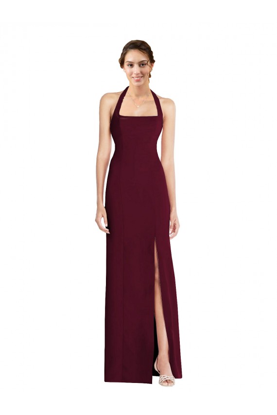 Halter Neck Stretch Crepe Sleeveless Open Back Burgundy Gold Semi Formal Evening Dress / Prom Dress / Bridesmaid Dress Edinburgh