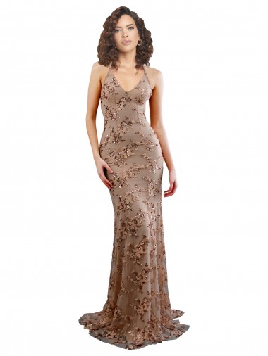 V-Neck Stretch Crepe & Sequin Tulle Sleeveless Backless Rose Gold Formal Evening Gown / Prom Dress / Bridesmaid Dress Edinburgh