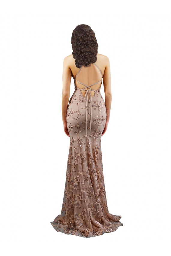V-Neck Stretch Crepe & Sequin Tulle Sleeveless Backless Rose Gold Formal Evening Gown / Prom Dress / Bridesmaid Dress Edinburgh