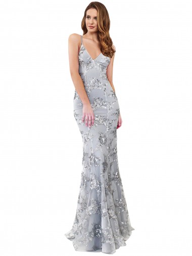 V-Neck Stretch Crepe & Sequin Tulle Sleeveless Backless Silver Formal Evening Gown / Prom Dress / Bridesmaid Dress Edinburgh