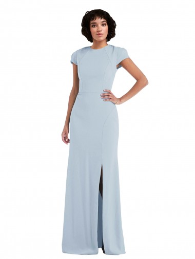 Jewel Neck Stretch Crepe Cap Sleeves Keyhole Back Light Sky Blue Semi Formal Evening Dress / Bridesmaid Dress Edinburgh