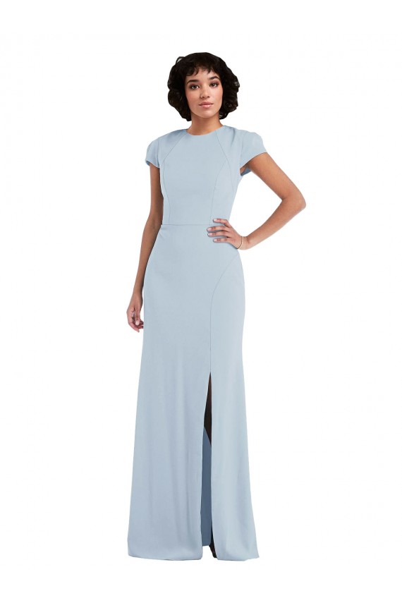 Jewel Neck Stretch Crepe Cap Sleeves Keyhole Back Light Sky Blue Semi Formal Evening Dress / Bridesmaid Dress Edinburgh