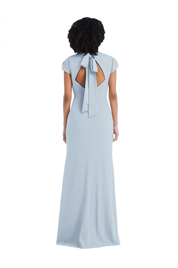 Jewel Neck Stretch Crepe Cap Sleeves Keyhole Back Light Sky Blue Semi Formal Evening Dress / Bridesmaid Dress Edinburgh