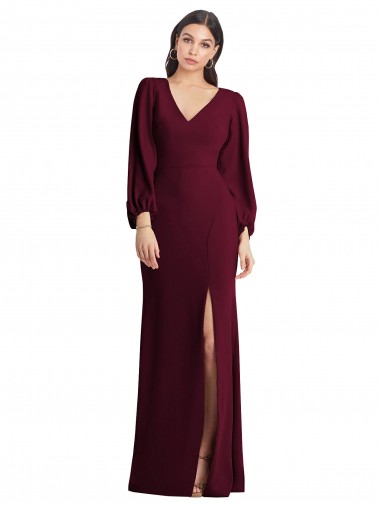 V-Neck Stretch Crepe Puff Sleeves Burgundy Gold Semi Formal Evening Dress / Prom Dress / Bridesmaid Dress Edinburgh