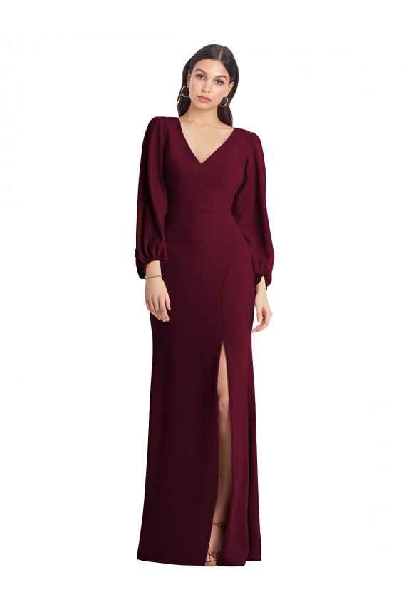 V-Neck Stretch Crepe Puff Sleeves Burgundy Gold Semi Formal Evening Dress / Prom Dress / Bridesmaid Dress Edinburgh