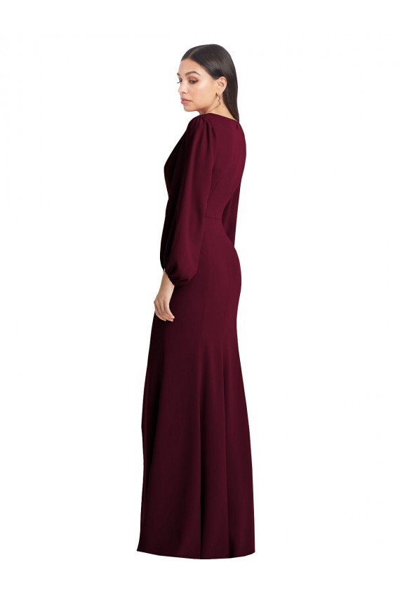 V-Neck Stretch Crepe Puff Sleeves Burgundy Gold Semi Formal Evening Dress / Prom Dress / Bridesmaid Dress Edinburgh