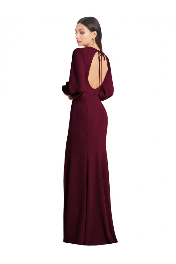 Bateau Neck Stretch Crepe Puff Sleeves Open Back Burgundy Gold Formal Dress / Bridesmaid Dress Edinburgh