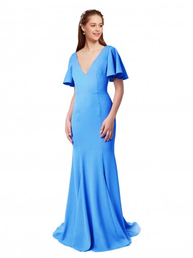 V-Neck Stretch Crepe Short Sleeves V-Back Peacock Blue Prom Dress / Bridesmaid Dress Edinburgh
