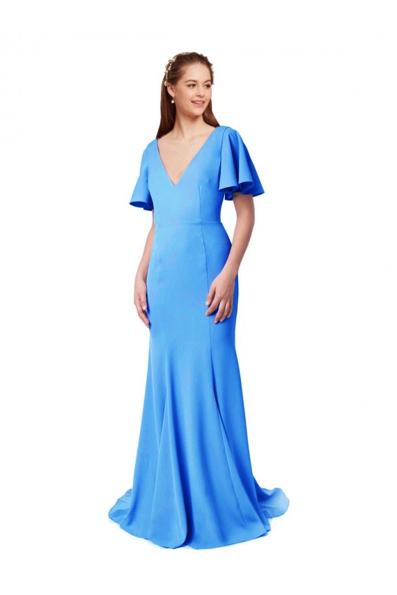 V-Neck Stretch Crepe Short Sleeves V-Back Peacock Blue Prom Dress / Bridesmaid Dress Edinburgh