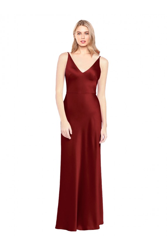 Spaghetti Straps Stretch Satin Sleeveless V-Back Burgundy Formal Evening Gown / Prom Dress / Bridesmaid Dress Edinburgh