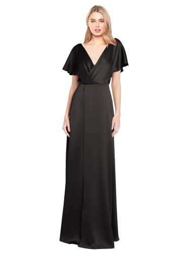 V-Neck Stretch Satin Cap Sleeves Open Back Black Bridesmaid Dress / Evening Dress Edinburgh